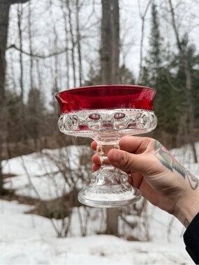 Indiana Glass Ruby Red and Clear Compote Dessert Dish